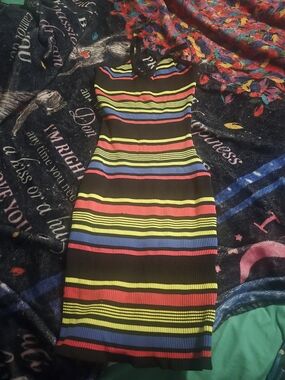 Women's Striped Bodycon Dress - Black with Multicolor Stripes